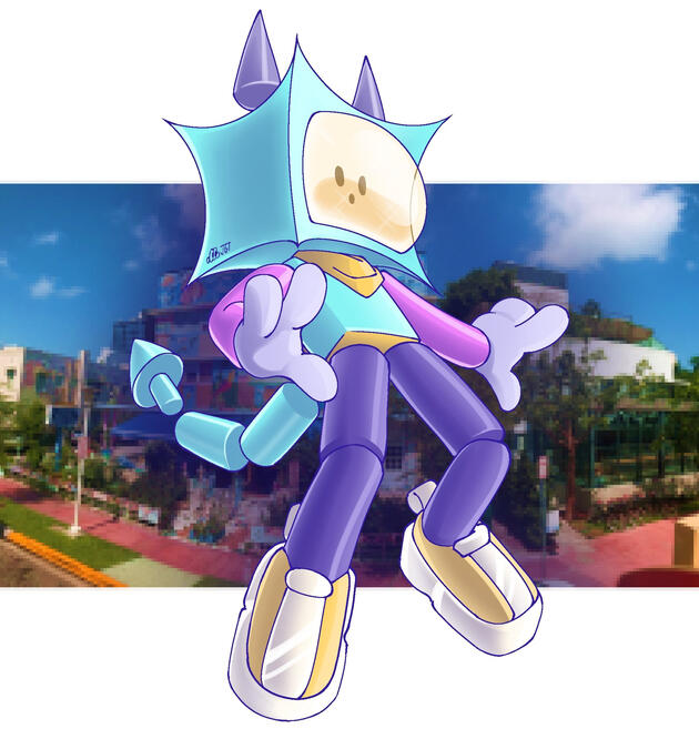 A digital rendered illustration of Cubey, with a pixelated photo of a street corner behind them. Art by characcore. A digital rendered illustration of Cubey, with a pixelated photo of a street corner behind them. Art by characcore.