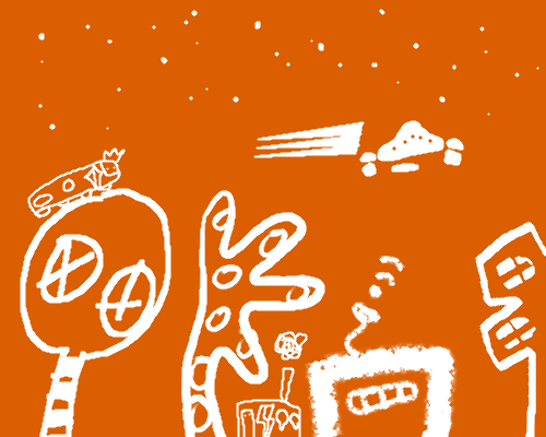 A drawing of Nightbus City, with buildings in zany shapes, goofy buses with eyes, and the space hut flying under a starry sky. A drawing of Nightbus City, with buildings in zany shapes, goofy buses with eyes, and the space hut flying under a starry sky.