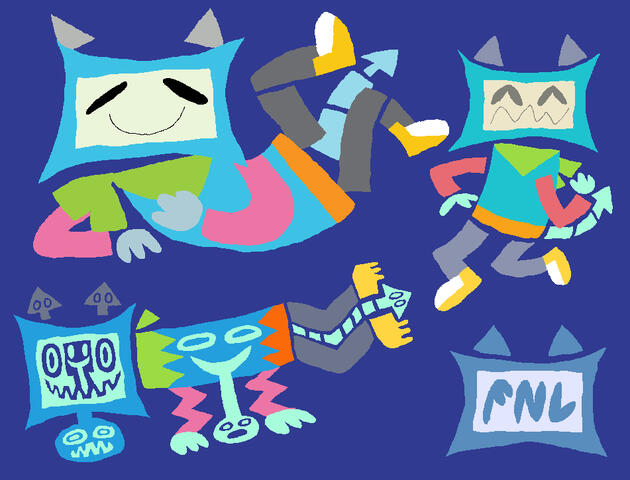 3 lineless drawings of Cubey in various poses, including a creature-like multi-faced form, and an FNL logo. Art by doctor. 3 lineless drawings of Cubey in various poses, including a creature-like multi-faced form, and an FNL logo. Art by doctor.